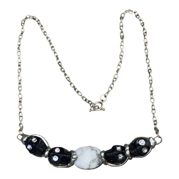 Artisan Necklace W/ Black Onyx Sugar Skulls, Swarovski Eyes & Marble Centerpiece - Picture 6 of 12